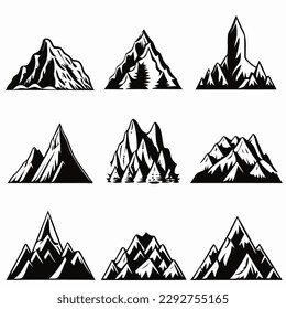 Mountain landscape element set. Summer mountains. Rocky mountains logo. Mountain peak silhouette. Rocky tourism icon. Rock mountain shape. Monochrome engraved rock ridge. Vector illustration.