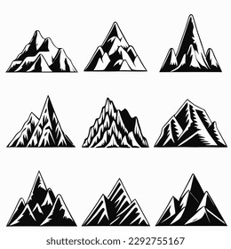 Mountain landscape element set. Summer mountains. Rocky mountains logo. Mountain peak silhouette. Rocky tourism icon. Rock mountain shape. Monochrome engraved rock ridge. Vector illustration.