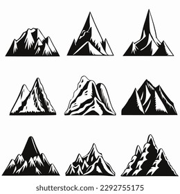 Mountain landscape element set. Summer mountains. Rocky mountains logo. Mountain peak silhouette. Rocky tourism icon. Rock mountain shape. Monochrome engraved rock ridge. Vector illustration.
