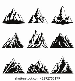 Mountain landscape element set. Summer mountains. Rocky mountains logo. Mountain peak silhouette. Rocky tourism icon. Rock mountain shape. Monochrome engraved rock ridge. Vector illustration.