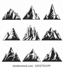 Mountain landscape element set. Summer mountains. Rocky mountains logo. Mountain peak silhouette. Rocky tourism icon. Rock mountain shape. Monochrome engraved rock ridge. Vector illustration.