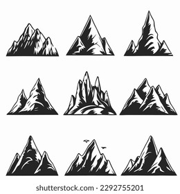 Mountain landscape element set. Summer mountains. Rocky mountains logo. Mountain peak silhouette. Rocky tourism icon. Rock mountain shape. Monochrome engraved rock ridge. Vector illustration.