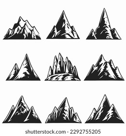 Conjunto de elementos del paisaje de montaña. Montañas de verano. Logo de las montañas rocosas. Silueta de montaña. Icono del turismo rocoso. Forma de montaña rocosa. Cresta rocosa con grabado monocromo. Ilustración vectorial.