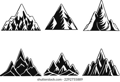 Conjunto de elementos del paisaje de montaña. Montañas de verano. Logo de las montañas rocosas. Silueta de montaña. Icono del turismo rocoso. Forma de montaña rocosa. Cresta rocosa con grabado monocromo. Ilustración vectorial.