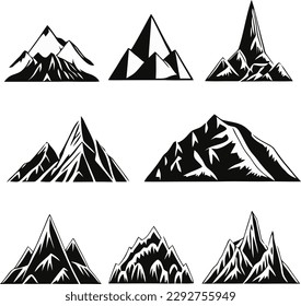 Mountain landscape element set. Summer mountains. Rocky mountains logo. Mountain peak silhouette. Rocky tourism icon. Rock mountain shape. Monochrome engraved rock ridge. Vector illustration.