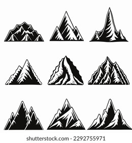 Mountain landscape element set. Summer mountains. Rocky mountains logo. Mountain peak silhouette. Rocky tourism icon. Rock mountain shape. Monochrome engraved rock ridge. Vector illustration.