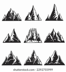 Mountain landscape element set. Summer mountains. Rocky mountains logo. Mountain peak silhouette. Rocky tourism icon. Rock mountain shape. Monochrome engraved rock ridge. Vector illustration.