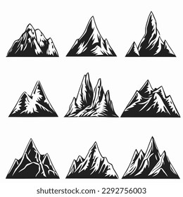 Mountain landscape element set. Summer mountains. Rocky mountains logo. Mountain peak silhouette. Rocky tourism icon. Rock mountain shape. Monochrome engraved rock ridge. Vector illustration.
