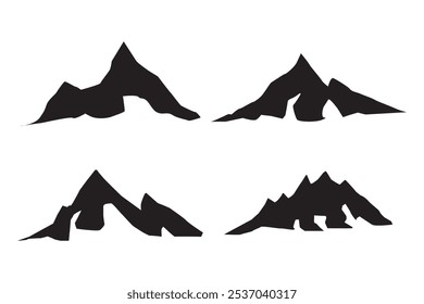 Mountain landscape element set. Summer mountains. Rocky mountains logo. Mountain peak silhouette. Rocky tourism icon. Rock mountain shape. Monochrome engraved rock ridge. Vector illustration.