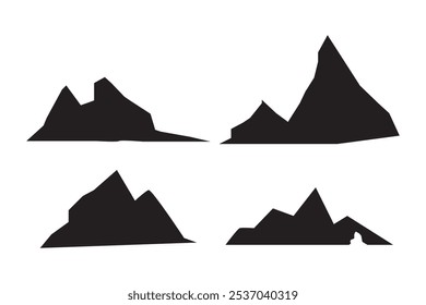 Conjunto de elementos de paisaje de montaña. Montañas de verano. Logo de las Montañas Rocosas. Silueta de pico de montaña. Icono del turismo rocoso. Forma de montaña de Rock. Cresta de roca grabada en monocromo. Ilustración vectorial.