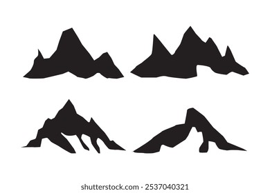 Mountain landscape element set. Summer mountains. Rocky mountains logo. Mountain peak silhouette. Rocky tourism icon. Rock mountain shape. Monochrome engraved rock ridge. Vector illustration.