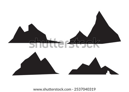 Mountain landscape element set. Summer mountains. Rocky mountains logo. Mountain peak silhouette. Rocky tourism icon. Rock mountain shape. Monochrome engraved rock ridge. Vector illustration.