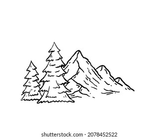 Paisaje montañoso de estilo grabado. Árboles y bosques. Escena natural. Temporada de invierno. Dibujo de esquema