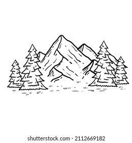 Mountain landscape in engraving style. Trees and forest. Natural scene. Winter season. Outline cartoon