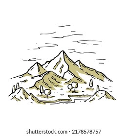 Mountain landscape in engraving style. Valley with river and forest. Old retro hand drawn illustration. High mountain range