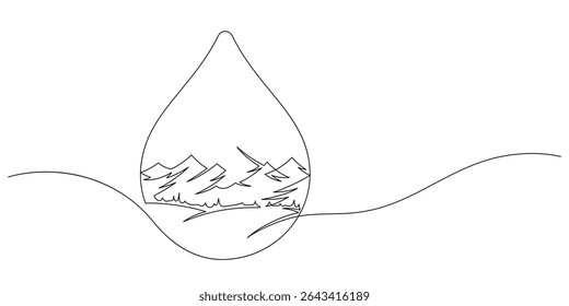 mountain landscape environment and field pine tree inside water droplet shape one line drawing. pure air and water natural rural scene minimalism decorative healthy concept