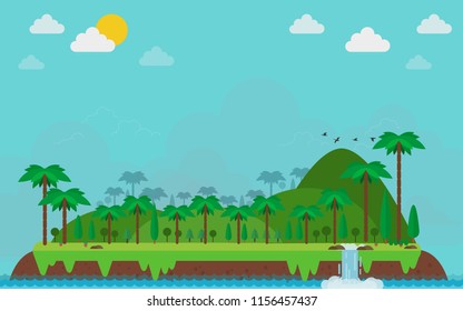 Mountain landscape, evening time ecology. flat design vector illustration.