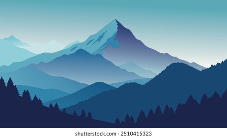 
Mountain landscape featuring lush trees and majestic mountains under a clear blue sky flat vector illustration