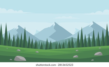 Mountain landscape featuring a vast green meadow with rocks, a dense pine tree forest, and snow-capped peaks.