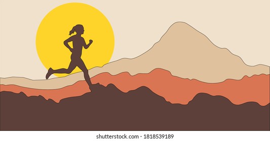 Mountain landscape female runner vector illustration