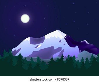 paisaje montañoso con bosque de abetos en la luz de la luna