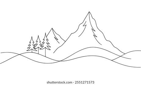 Paisagem de montanha com abeto arte de linha contínua isolada em fundo branco.