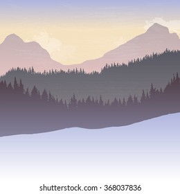 mountain landscape with fir trees, forest background, hand drawn vector illustration