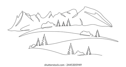 Mountain landscape with fir trees. Illustration in one continuous line. Minimalistic hand drawing. Single line panoramic sketch. Forest landscape silhouette. Vector illustration on white background.