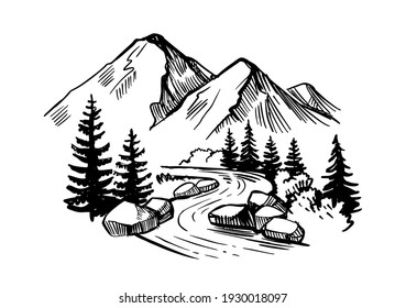 Mountain landscape with firs, river and stones. Wildlife sketch style