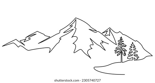 Mountain landscape with fir-trees. Continuous one line drawing. Travels concept. Minimalistic graphics. Vector illustration black on white