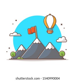 Mountain Landscape With Flag Vector Icon Illustration. Mountain And Hot Air Balloon Panorama Icon Concept White Isolated. Flat Cartoon Style Suitable for Web Landing Page, Banner, Sticker, Background