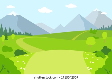 Mountain Landscape Flat Cartoon Style. Summer Scenery Outdoor Activities. Park, Green Grass Outdoor Mountains Rural Scenery. Beautiful Meadow Vector Illustration.