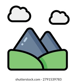 Mountain landscape flat color outline style symbol featuring hills, peaks, and clouds. Suitable for nature, travel, outdoor, geography, and environmental themed projects.