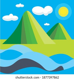 Ilustración vectorial de diseño plano del paisaje montañoso. Diseño de elementos de diseño de arte del río azul de las colinas verdes