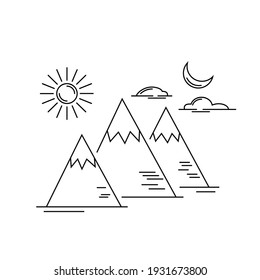 Mountain landscape. Flat line style. Ski resort icon, travel, vacation banner. Vector illustration isolated on white background.