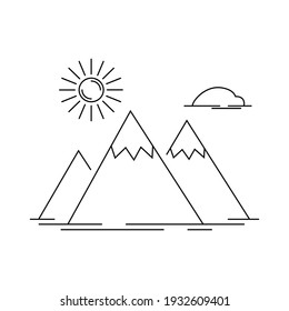 Paisaje montañoso. Estilo de línea plana. Icono de estación de esquí, viajes, banner de vacaciones. Ilustración vectorial aislada en fondo blanco.