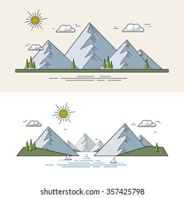 Paisaje montañoso en estilo lineal plano. Ilustración del vector