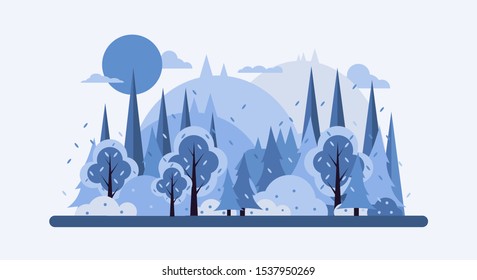 mountain landscape in flat style. winter flat design with mountain, forest, hill, and cloud. Christmas vector illustration for background, card, and web
