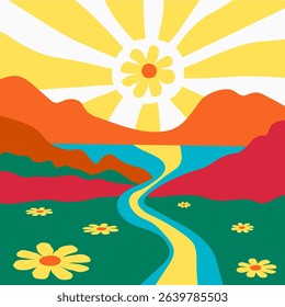 Mountain landscape with flowers and lake in sunny day. Abstract minimalist flat color vector illustration. Bright abstract background, print. Psychedelic nature landscape in retro style.