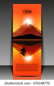 Mountain landscape flyer with seven peaks(volcano) and floating ship in ocean. Orange tones.
