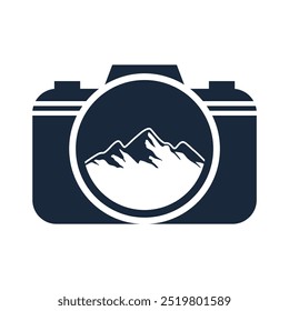 Montanha paisagem com câmera de foco para a fotografia de natureza ao ar livre Aventura Fotógrafo Logo Design