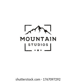 Mountain Landscape with Focus Square Lens Frame for Adventure Outdoor Nature Photography Photographer Logo Design