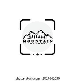 Mountain Landscape with Focus Square Lens Frame for Adventure Photography Nature (pine trees) Outdoor Photographer Logo Design