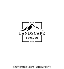 Mountain Landscape with Focus Square Lens Frame for Adventure Outdoor Nature Photography Logo