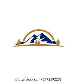 Mountain Landscape with Focus Square Lens Frame for Adventure Outdoor Nature Photography Photographer Logo, Logo of mountains with trees and sun