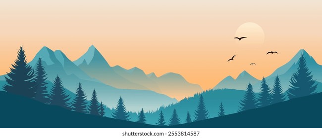 Mountain landscape in the fog. Beautiful panoramic landscape of mountain silhouettes at sunset or sunrise with mystical fog. Concept of hiking and traveling through wild nature.