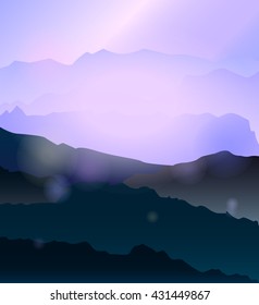 Mountain landscape with fog and a sunrise and sunset