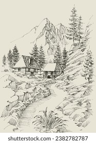 Mountain landscape, a footpath to houses hand drawing