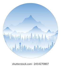 Mountain landscape, forest against the backdrop of mountain peaks, round design element, vector illustration