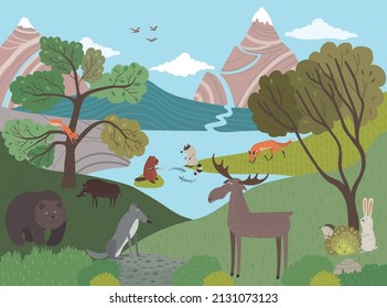 Mountain landscape with forest animals, elk, hare, hedgehog and squirrel. Bear, wolf, fox, boar, raccoon and beaver. Vector illustration.